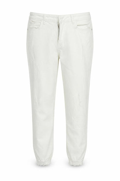 Front view of Denim & Co. women’s white trousers, size UK 16, 27-inch leg