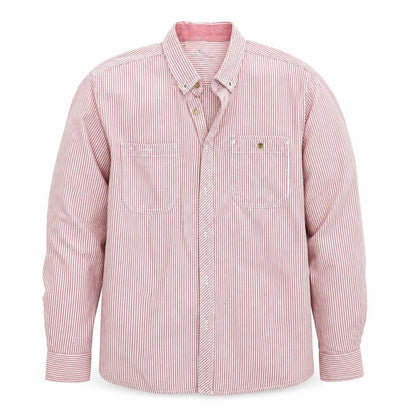 Front view of Easy men’s red striped button-up, size M
