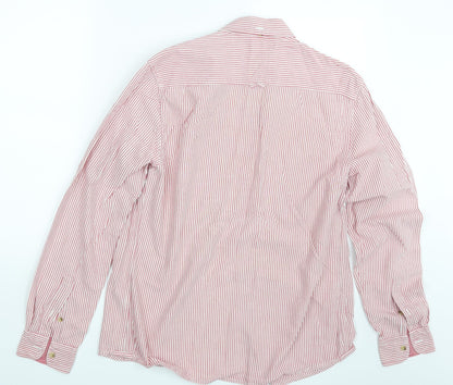Back view of Easy men’s red striped button-up, size M