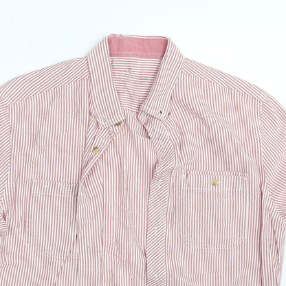 Close-up detail of Easy men’s red striped button-up, size M