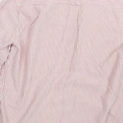 Brand and care label for Easy men’s red striped button-up, size M