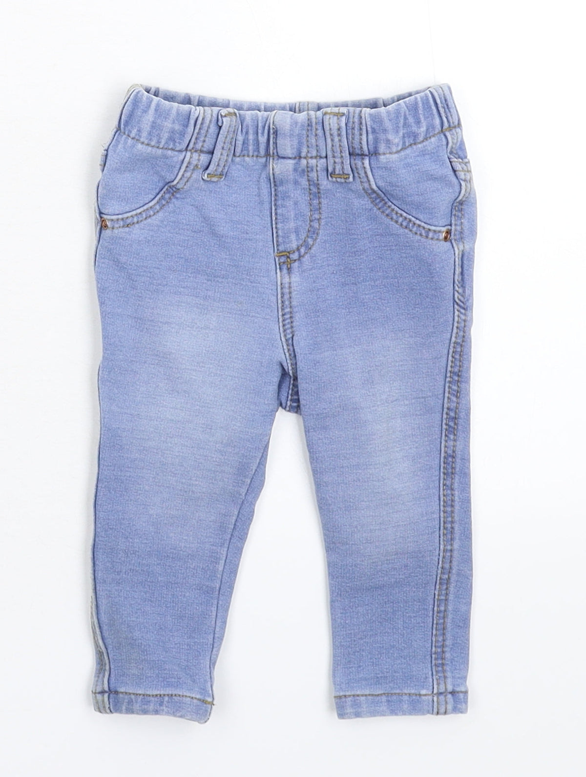 Additional front view of Denim & Co. girls’ blue denim capri jeans, size 6-9, months