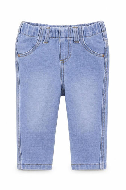 Front view of Denim & Co. girls’ blue denim capri jeans, size 6-9, months