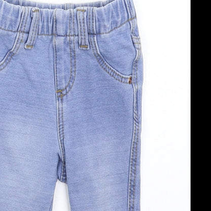 Close-up detail of Denim & Co. girls’ blue denim capri jeans, size 6-9, months