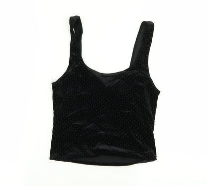 Front view of Miss Selfridge women’s black polka dot basic tank, size UK 8, - crop top