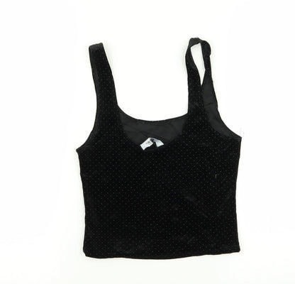 Back view of Miss Selfridge women’s black polka dot basic tank, size UK 8, - crop top