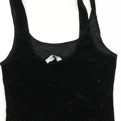 Brand and care label for Miss Selfridge women’s black polka dot basic tank, size UK 8, - crop top