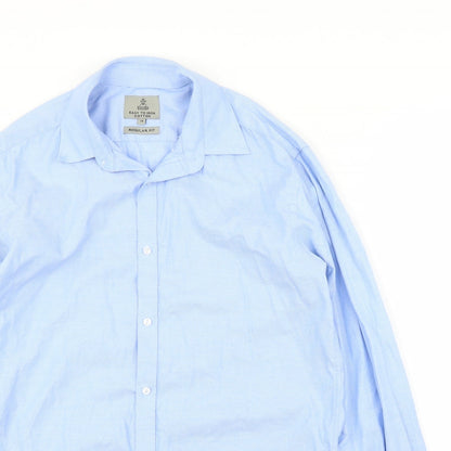 Close-up detail of Taylor & Wright men’s blue button-up, size 15