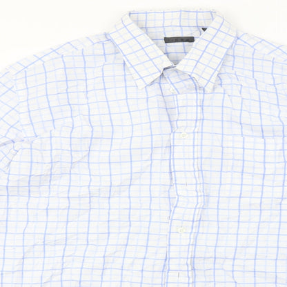 Close-up detail of Linea men’s blue check button-up, size 16