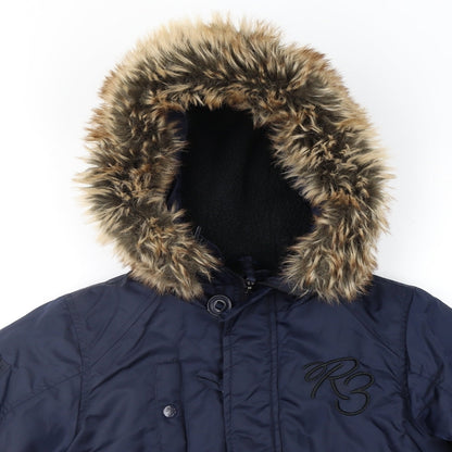 Close-up detail of Ripstop. boys’ blue anorak jacket, size XS