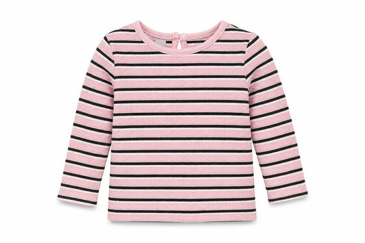 Front view of Primark Baby Pink Striped Basic T-Shirt, size 3-6, Months