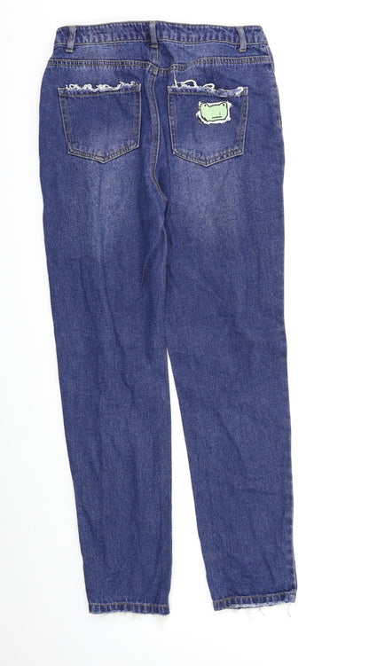 Back view of Missguided women’s blue jegging jeans, size UK 8, 28-inch leg