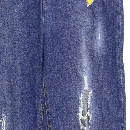 Close-up detail of Missguided women’s blue jegging jeans, size UK 8, 28-inch leg