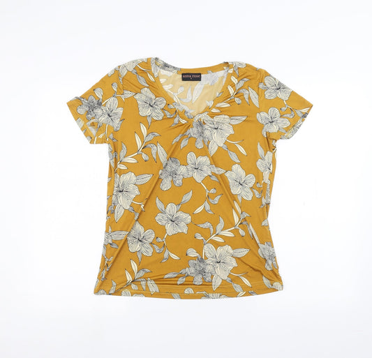 Anna Rose Womens Yellow Floral  Basic T-Shirt Size S
