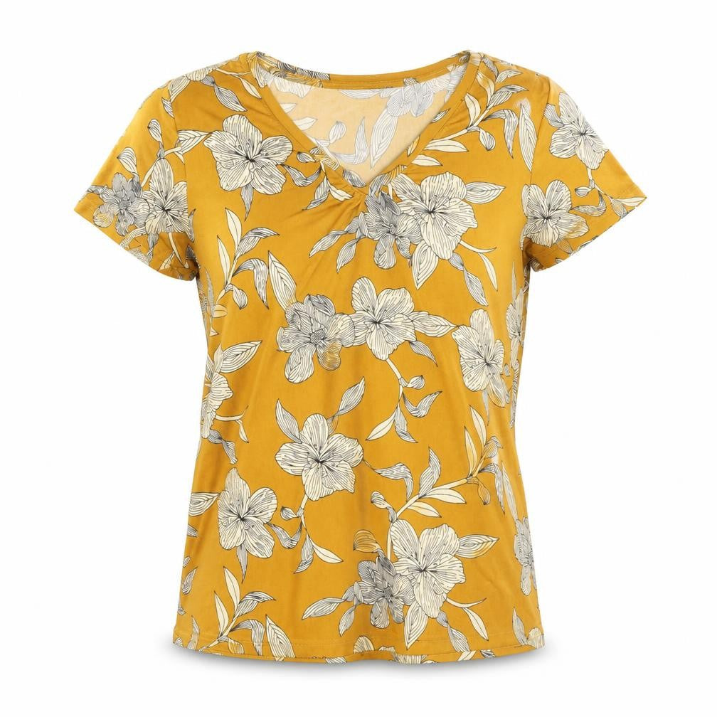 Anna Rose Womens Yellow Floral  Basic T-Shirt Size S