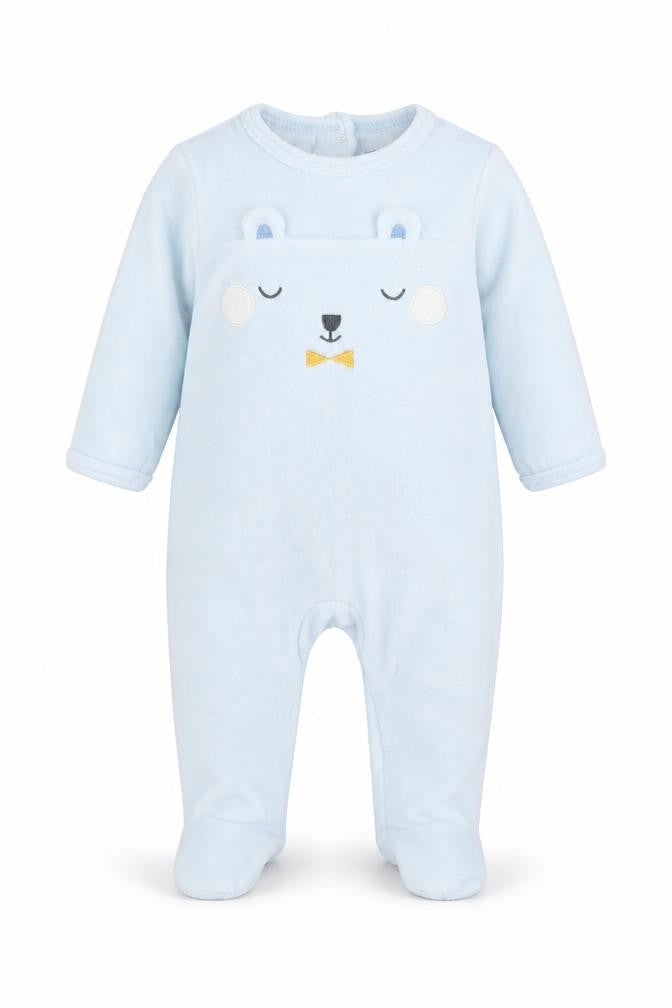 Front view of Vertbaudet boys’ blue babygrow one-piece, size 0-3, months - bear