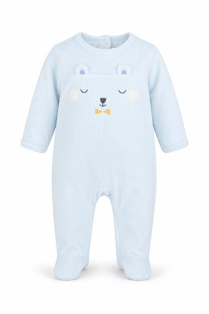 Front view of Vertbaudet boys’ blue babygrow one-piece, size 0-3, months - bear