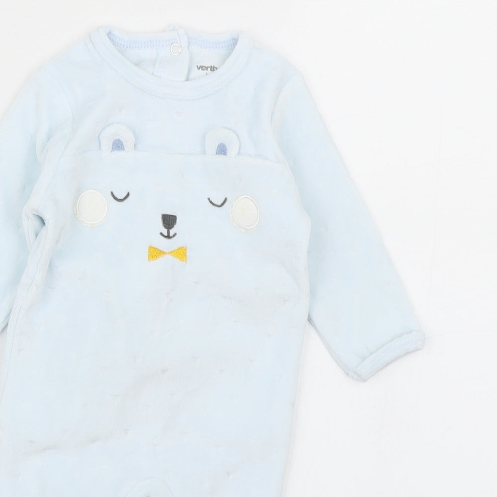 Close-up detail of Vertbaudet boys’ blue babygrow one-piece, size 0-3, months - bear