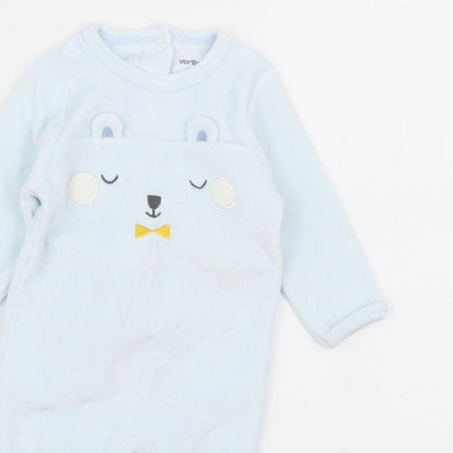 Close-up detail of Vertbaudet boys’ blue babygrow one-piece, size 0-3, months - bear