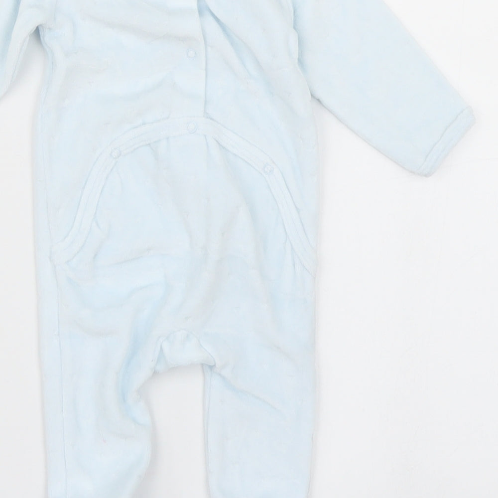 Brand and care label for Vertbaudet boys’ blue babygrow one-piece, size 0-3, months - bear