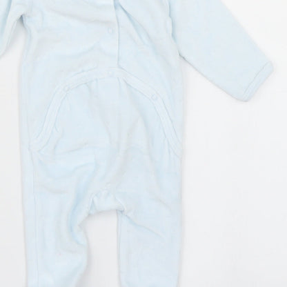 Brand and care label for Vertbaudet boys’ blue babygrow one-piece, size 0-3, months - bear
