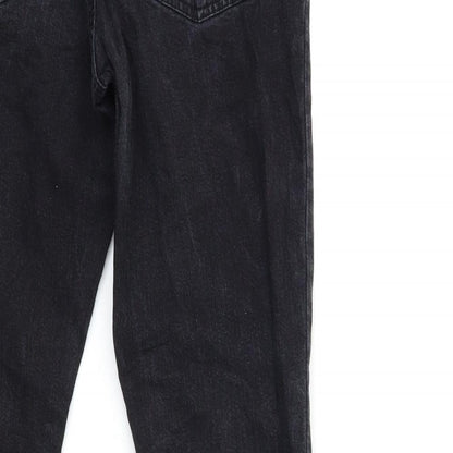 Brand and care label for Easy women’s black denim straight jeans, size S, 31-inch leg