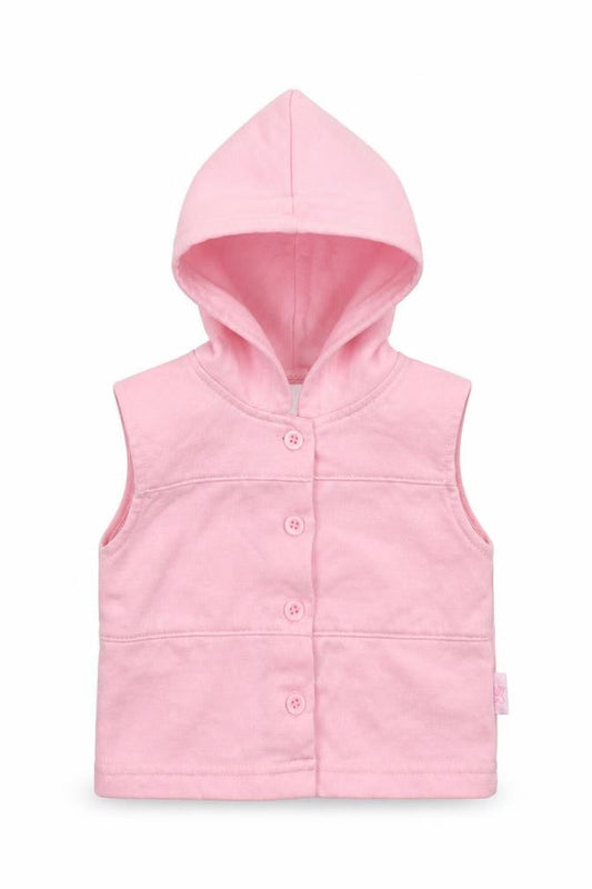 Front view of Mini Chic girls’ pink gilet jacket, size 0-3, months