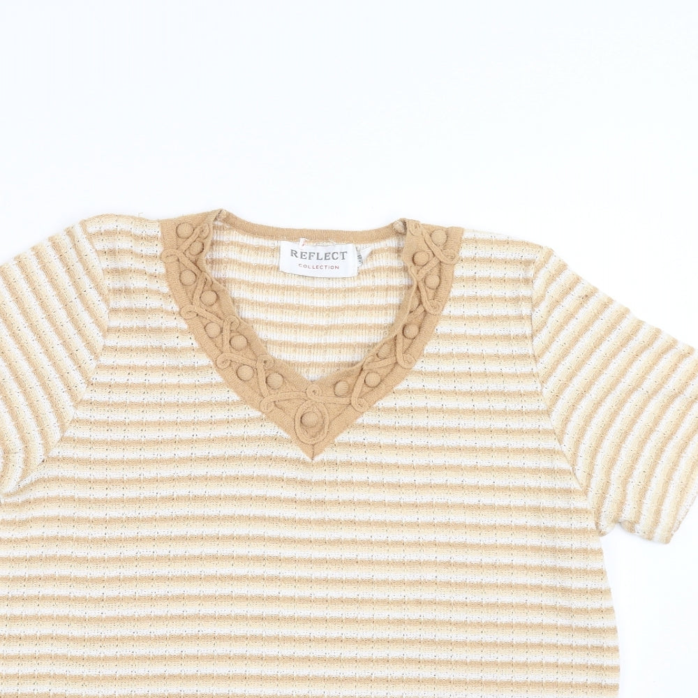 Reflect Collection Womens Beige Striped  Basic T-Shirt Size S