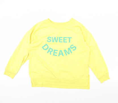 Front view of Time To Dream women’s yellow jumper, size L, - sweet dreams