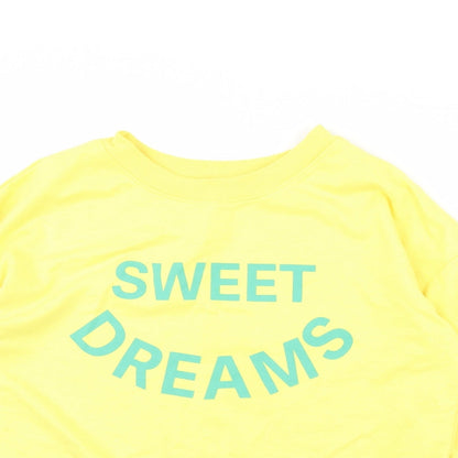 Close-up detail of Time To Dream women’s yellow jumper, size L, - sweet dreams