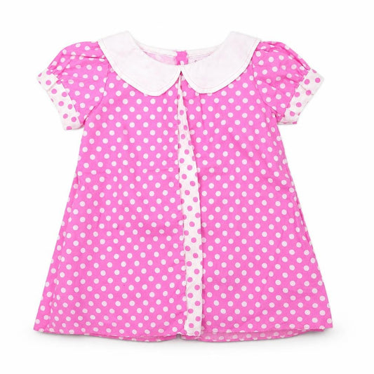 Front view of sweet elegance girls’ pink polka dot a-line, size 12, months