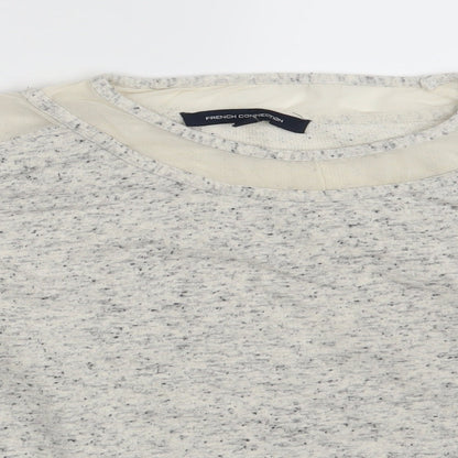 Close-up detail of French Connection women’s beige pullover sweatshirt, size S
