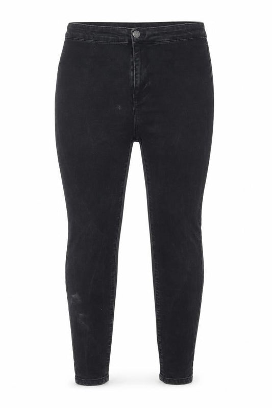 Front view of Denim & Co. women’s black denim skinny jeans, size UK 12, 28-inch leg