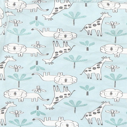 Brand and care label for Matalan girls’ blue animal print basic t-shirt, size 3-6, months