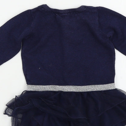 Brand and care label for NAME IT girls’ blue colourblock jumper, size 9-12, months