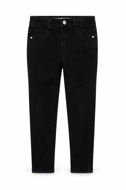 Front view of denim&co girls’ black colourblock skinny jeans, size 5-6, years