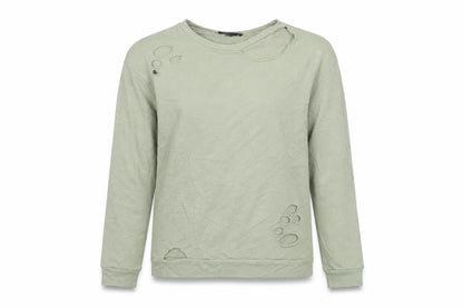 Front view of Atmosphere women’s green pullover sweatshirt, size UK 8, - distressed