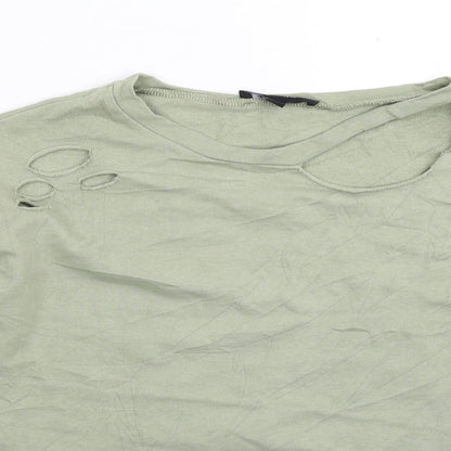 Close-up detail of Atmosphere women’s green pullover sweatshirt, size UK 8, - distressed