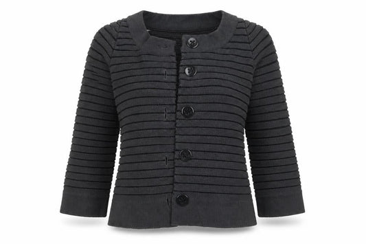 Front view of Vacknox women’s black striped cardigan jumper, size S
