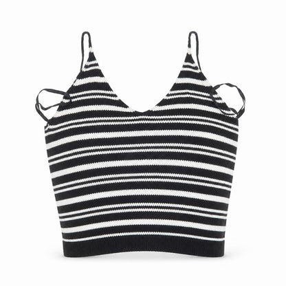 Front view of Atmosphere women’s black striped knit cropped tank, size UK 10