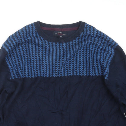 Close-up detail of Easy men’s blue knit jumper, size M