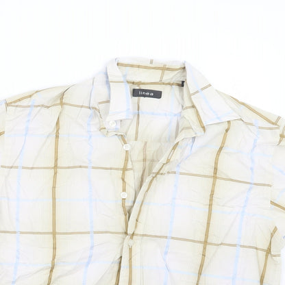 Close-up detail of Linea men’s blue check button-up, size S