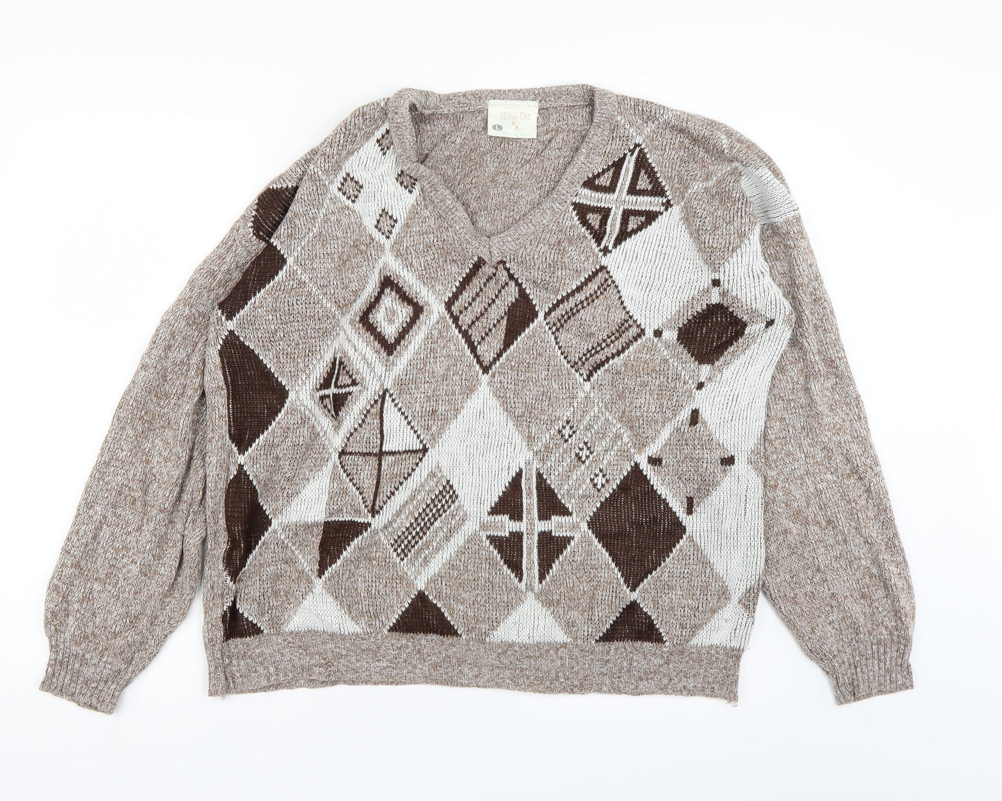 New Era Womens Brown Argyle/Diamond Knit Pullover Jumper Size L