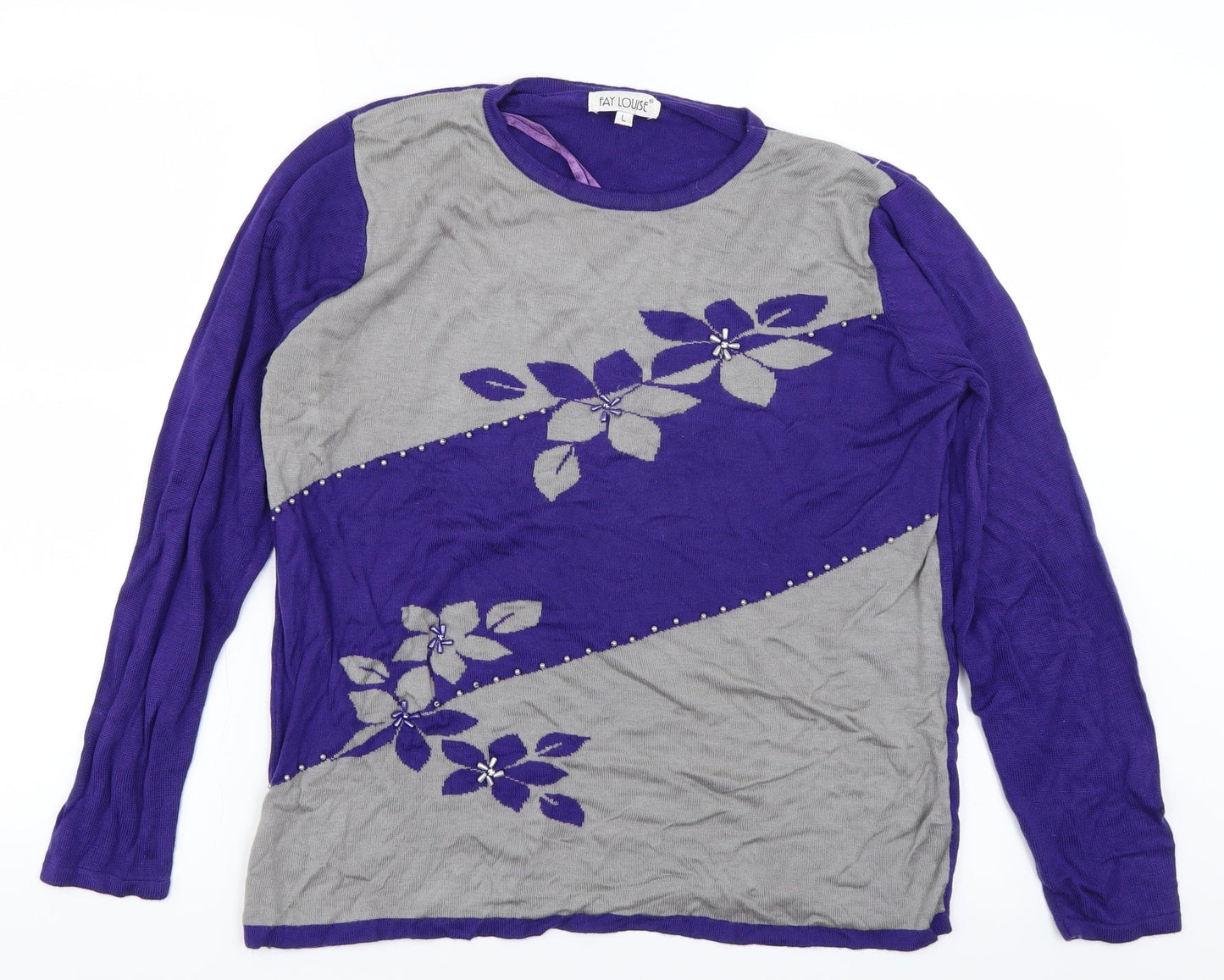 Fay Louise Womens Purple Floral Knit Pullover Jumper Size L