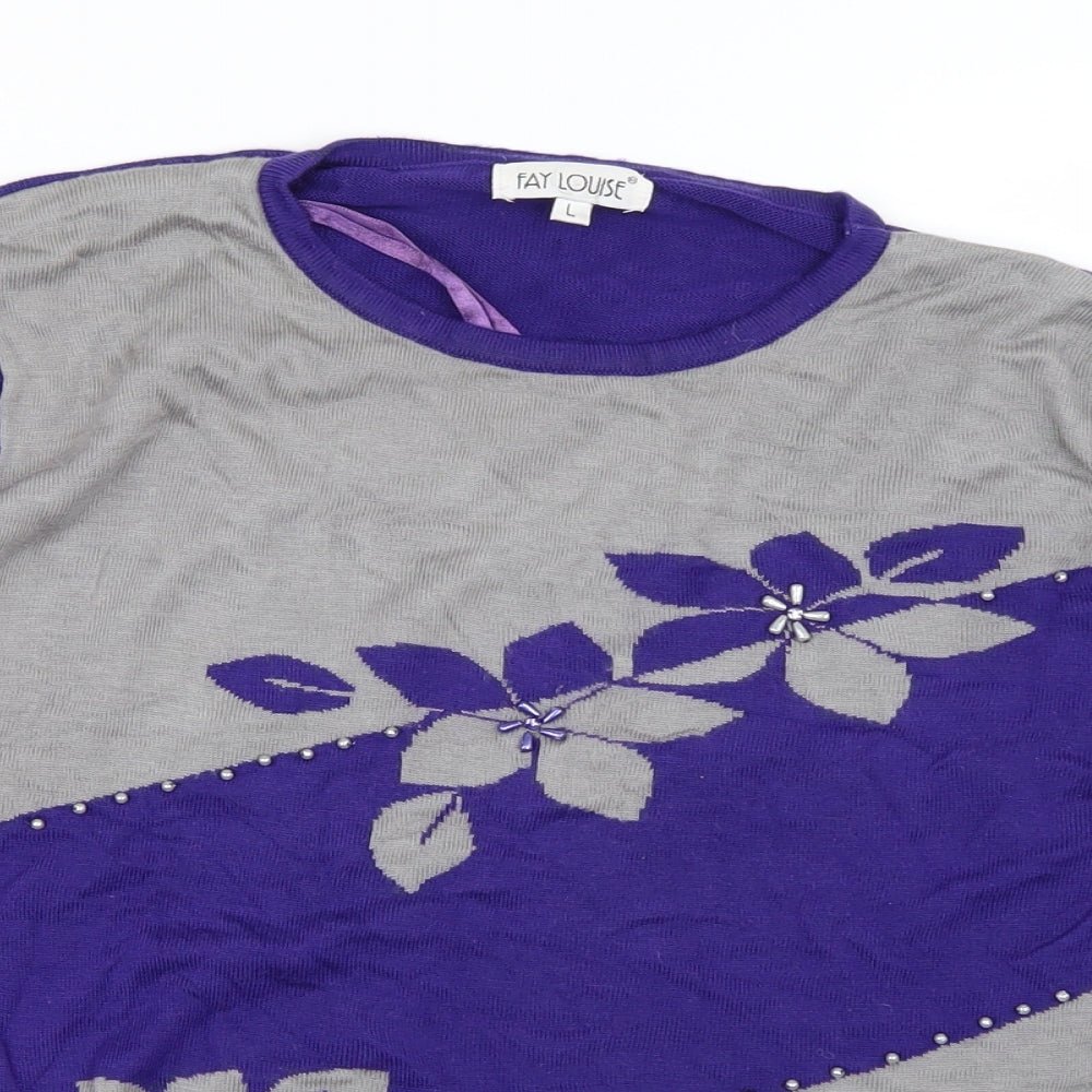 Fay Louise Womens Purple Floral Knit Pullover Jumper Size L
