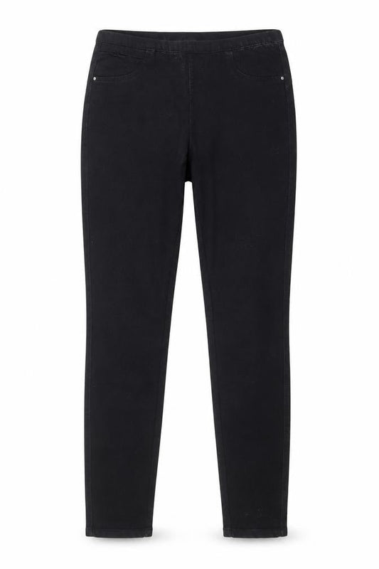 Front view of Denim & Co. women’s black denim skinny jeans, size UK 8, 28-inch leg