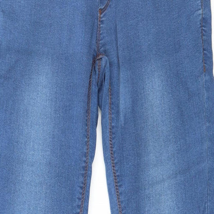 Close-up detail of Evie women’s blue denim jegging jeans, size UK 8, 28-inch leg