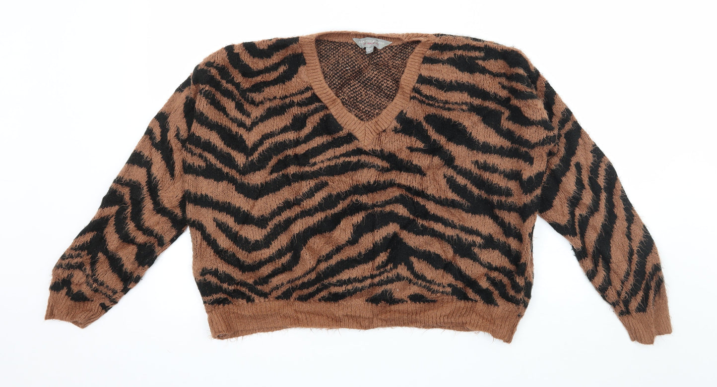 Dorothy Perkins Womens Brown Animal Print Knit Pullover Jumper Size 8