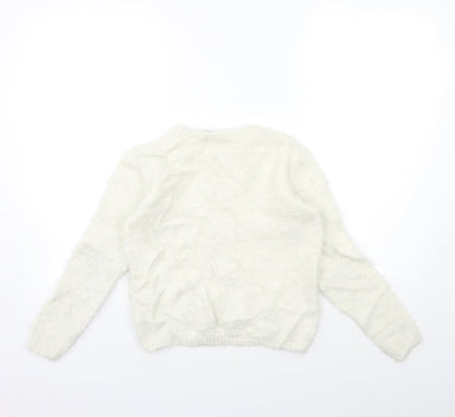 Back view of EVIE girls’ white knit jumper, size 11, years