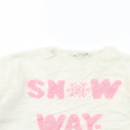 Close-up detail of EVIE girls’ white knit jumper, size 11, years